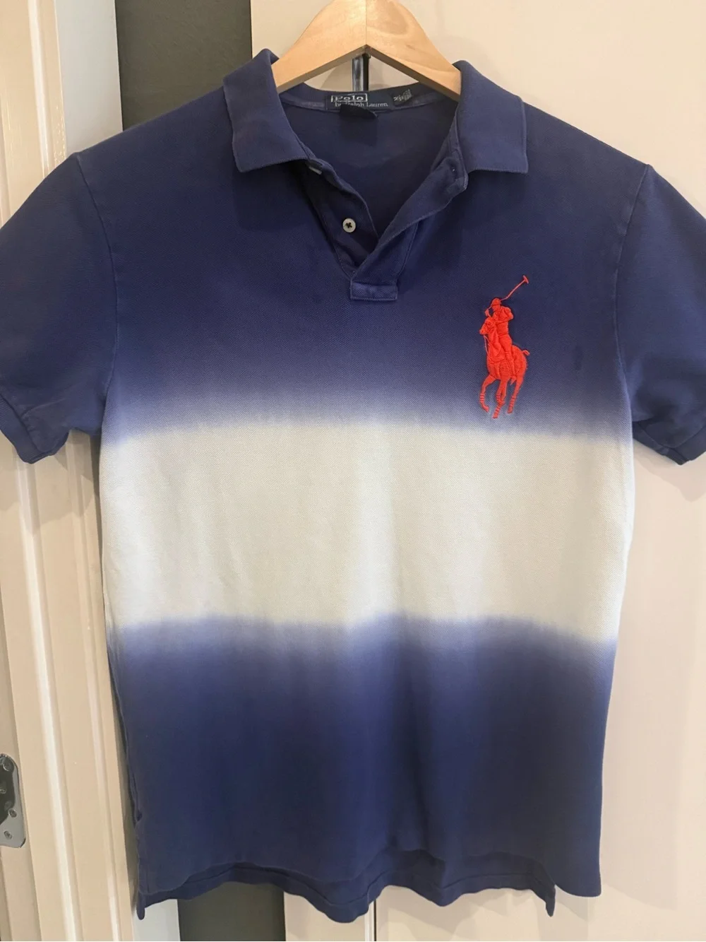 Ralph Lauren Men's Navy & White Ombre Polo with Red Logo